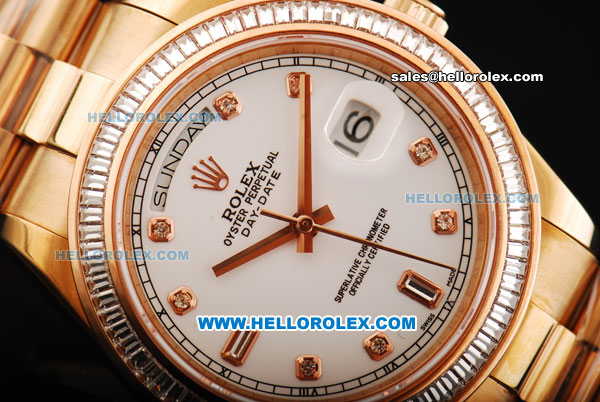 Rolex Day Date II Oyster Perpetual Swiss ETA 2836 Automatic Movement Full Rose Gold with Diamond Bezel - Diamond Markers and White Dial - Click Image to Close